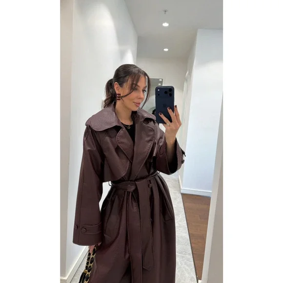 Burgundy Faux Leather Trench Coat Long Belted Jacket Women Oversized Fall - Picture 3 of 10